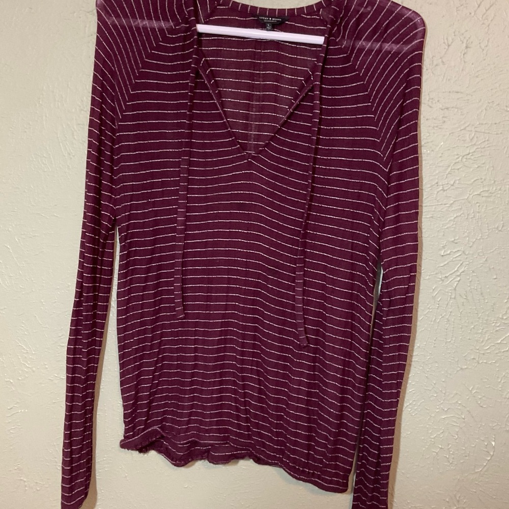 Lucky Brand Burgundy Striped V-Neck Hooded Long Sleeve Top